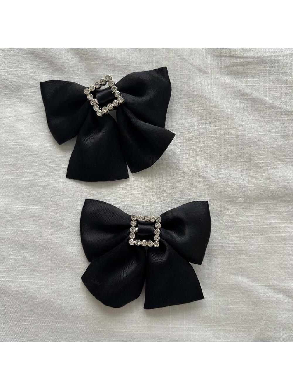 Black Satin Bow Hair Clip Set Rhinestone Buckle Jirai Kei Japan